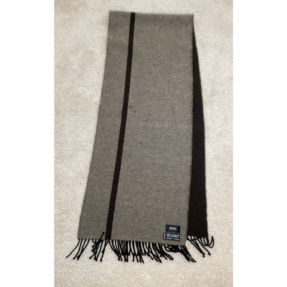 Boss Hugo Boss men's wool scarf with a color-block design in brown and gray